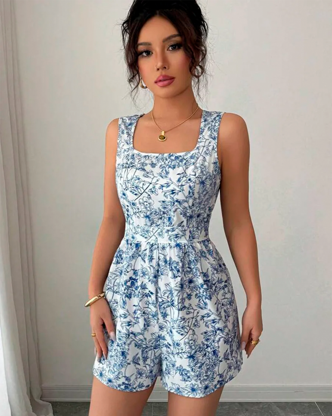 Combishort Imprimé Fleuri Encolure Carrée Cintré