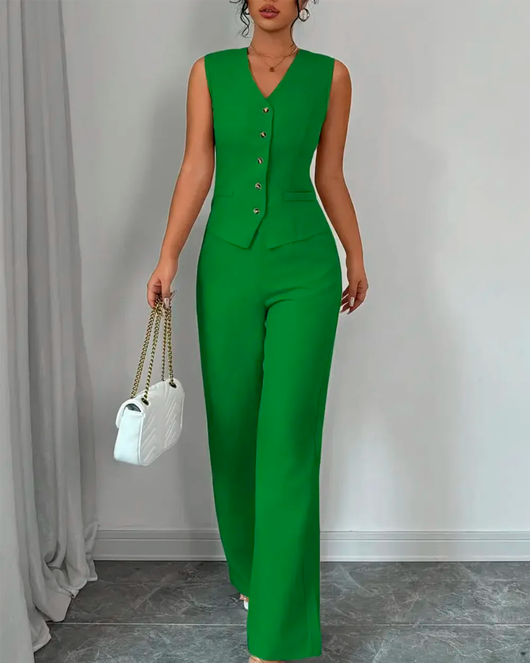 Ensemble Gilet Col V Boutonné + Pantalon Large