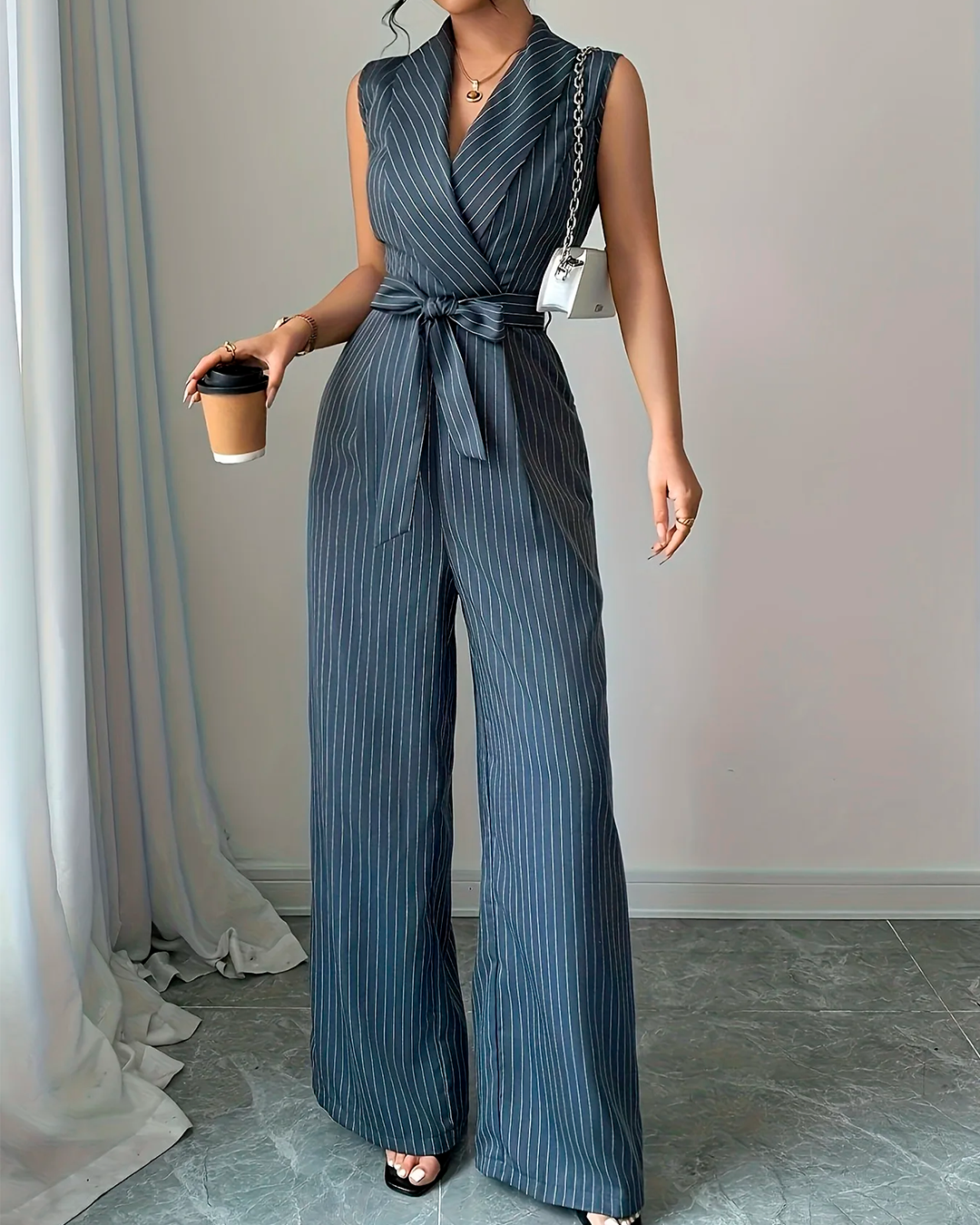 Combinaison Cache Cœur Rayée Ceinturée Jambes Larges