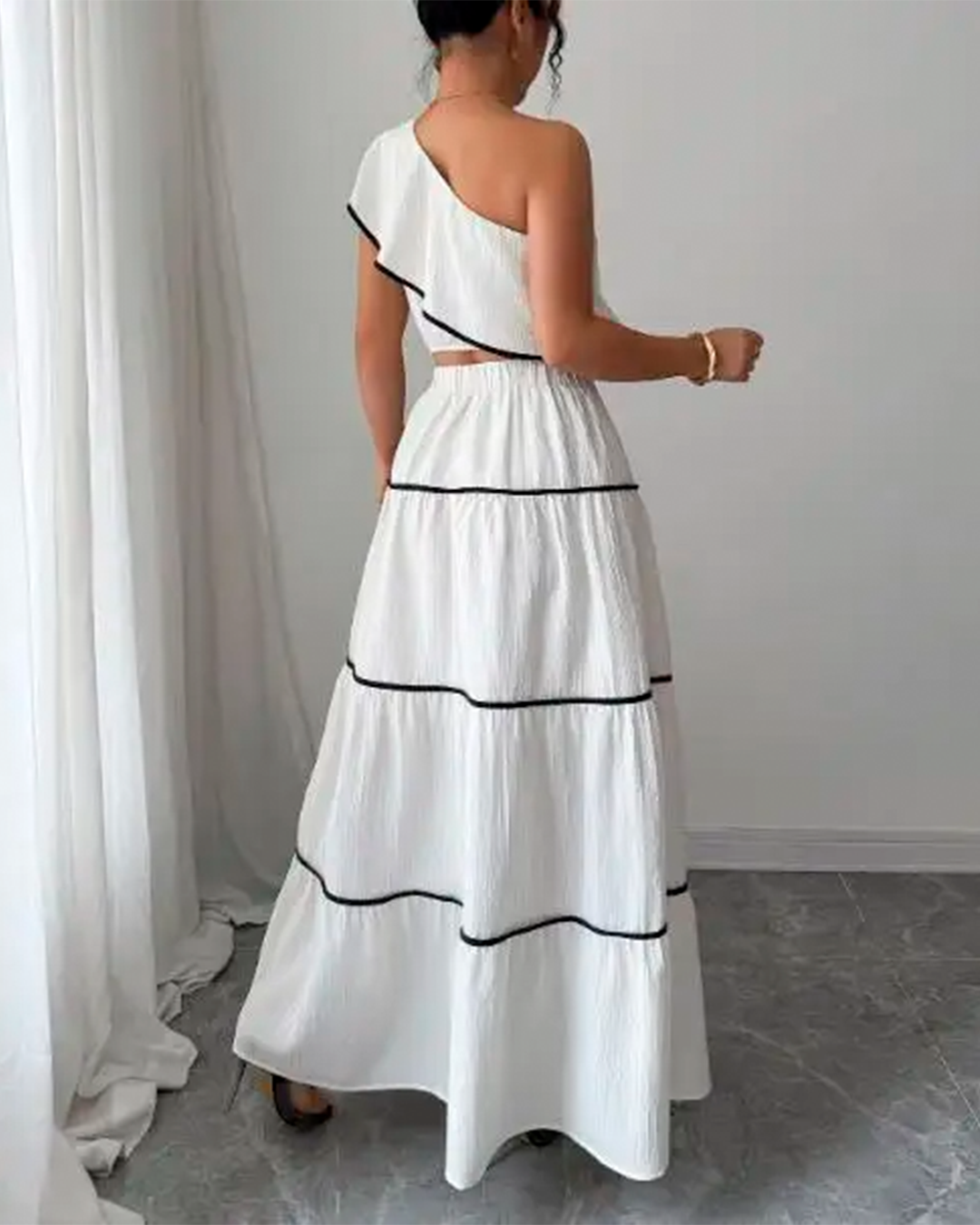 Ensemble Top Une Épaule Jupe Longue Volants