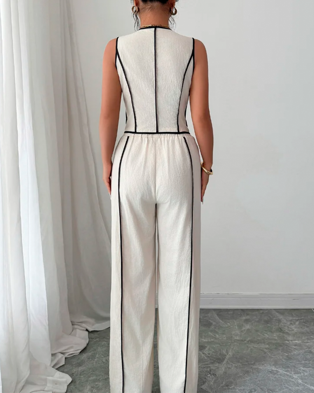 Ensemble Gilet Cintré Liseré Contrasté Pantalon Large