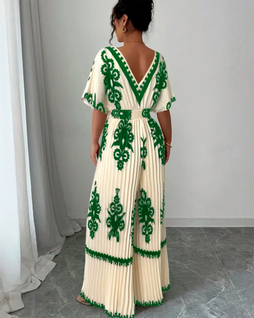 Combinaison Col V Plissé Taille Ceinturée Motifs Vert