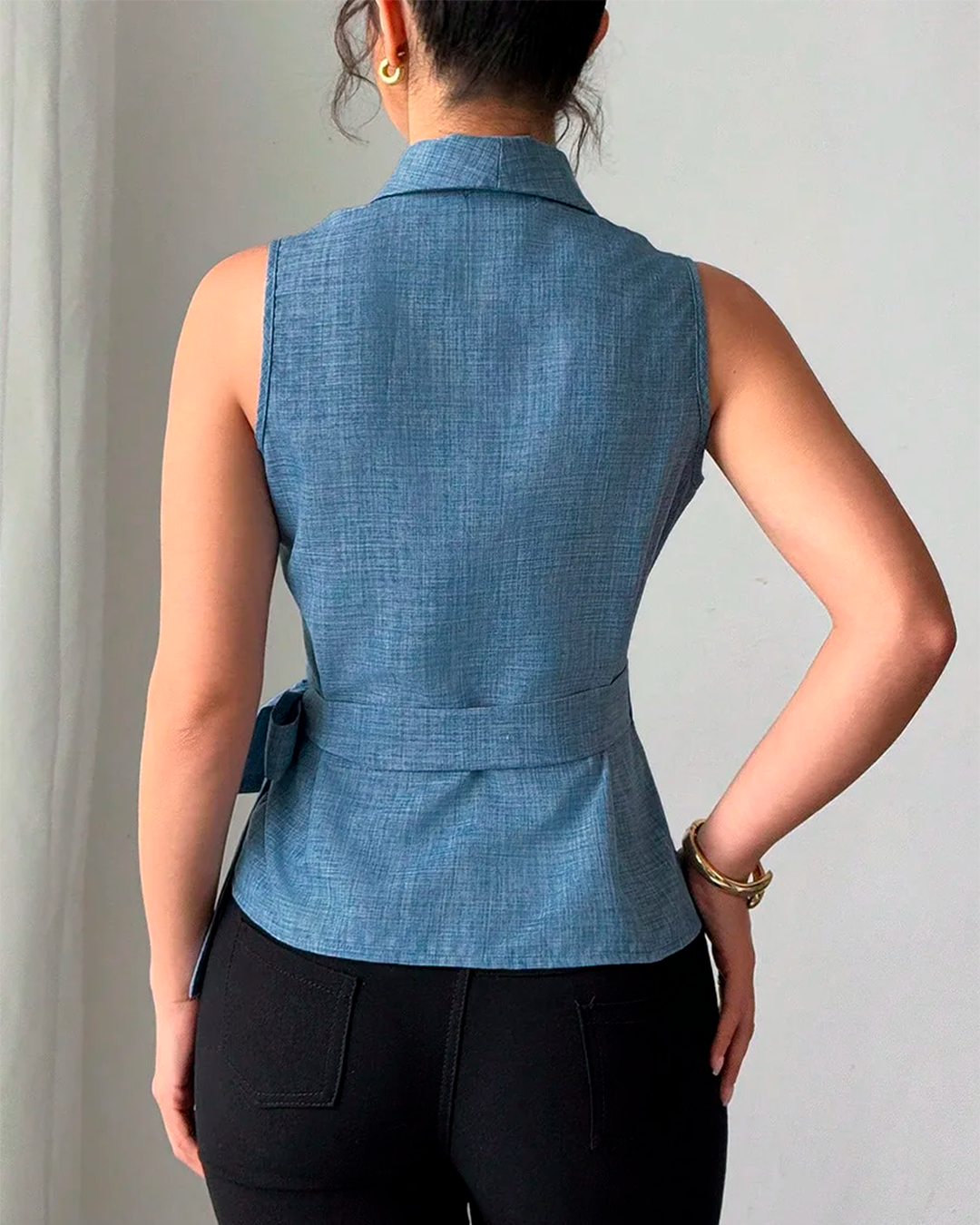 Blouse Cache Cœur Sans Manches Nœud Taille