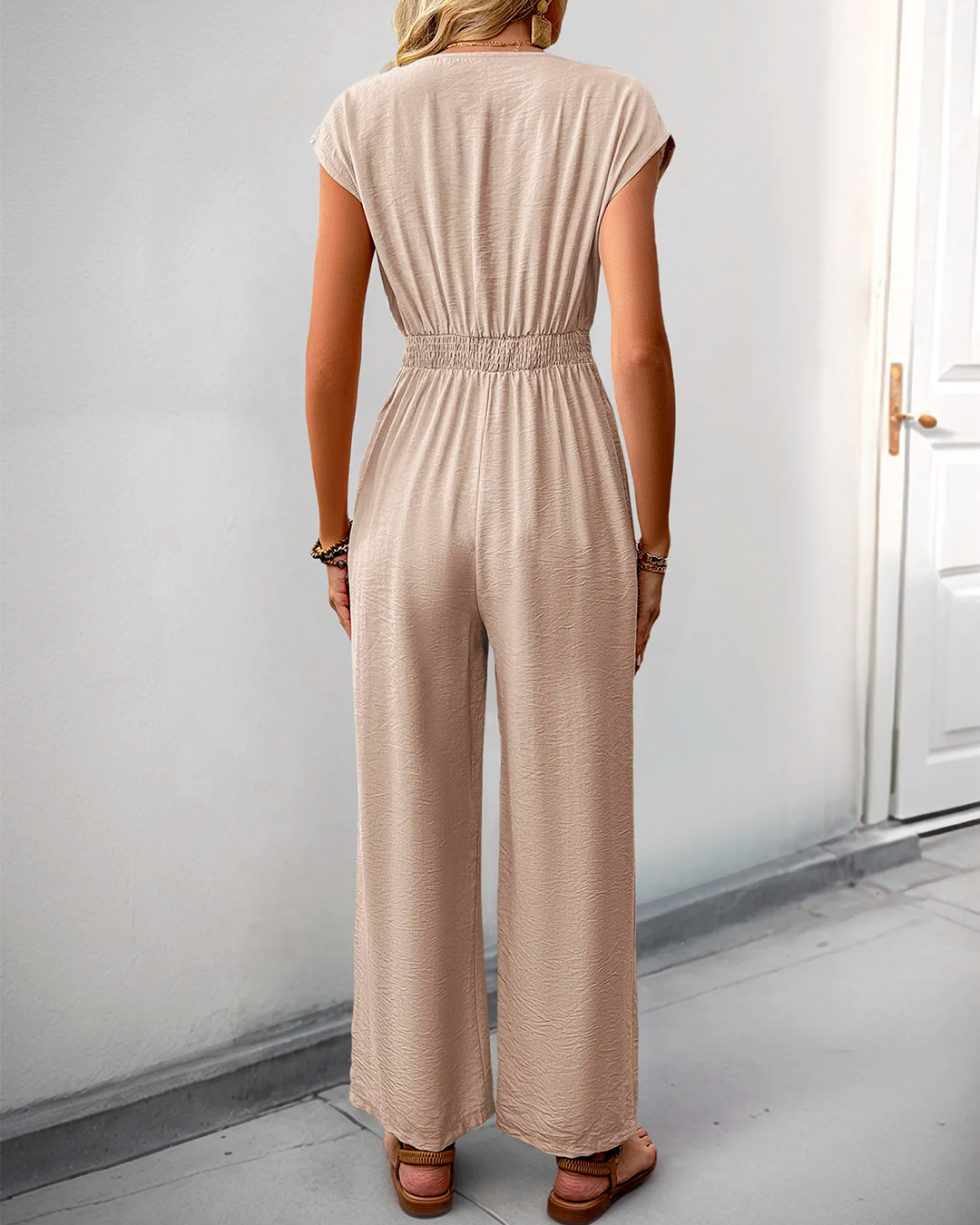 Combinaison Col V Boutonnée Taille Haute Décontractée