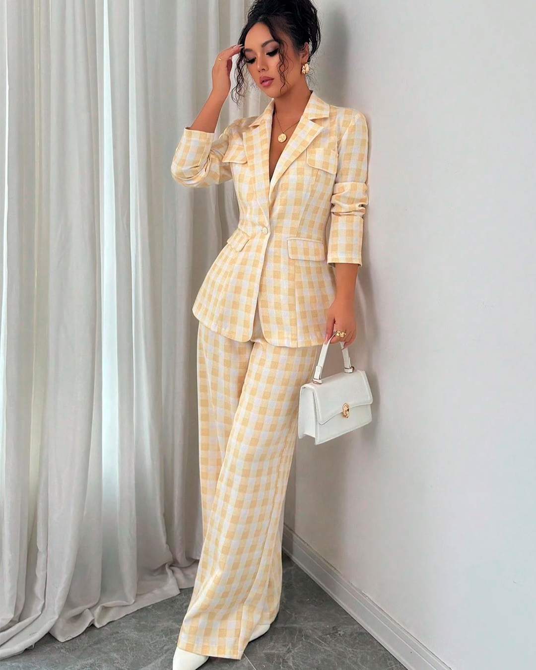 Tailleur Vichy Blazer Cintré Pantalon Large