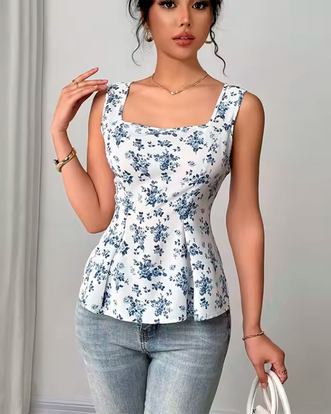 Blouse Col Carré Peplum Imprimé Floral