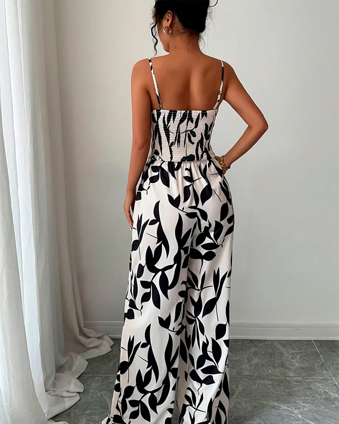 Combinaison Imprimée Feuillage Bretelles Ceinturée