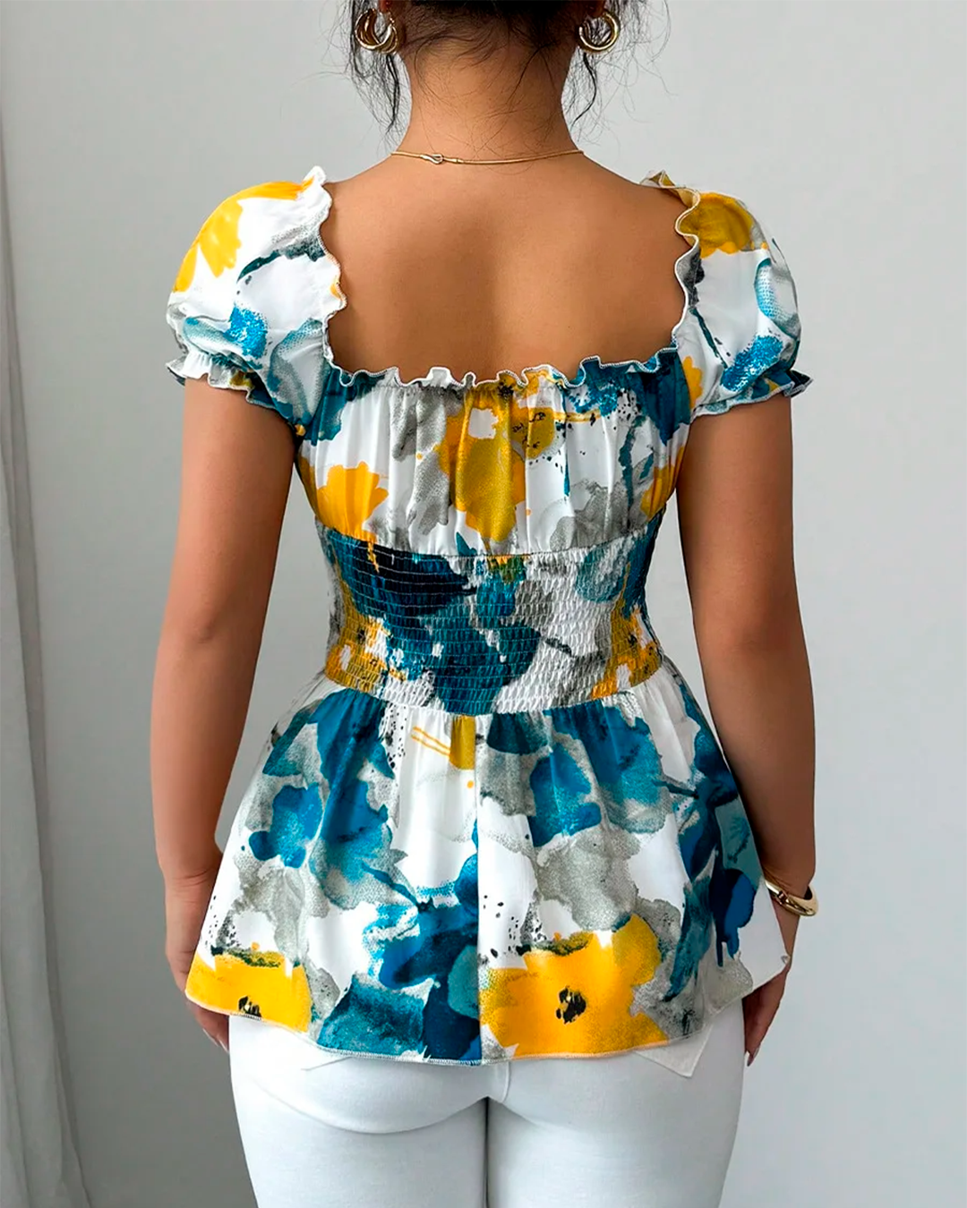 Blouse Col V Volants Taille Smockée Imprimée