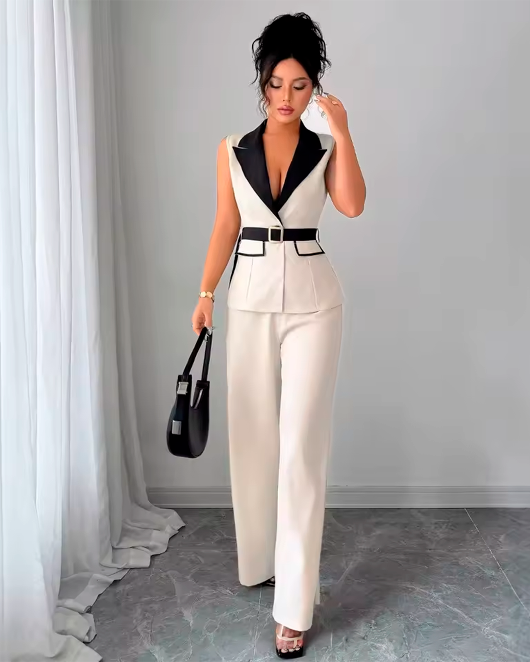 Ensemble Gilet Contrasté Ceinturé + Pantalon Large