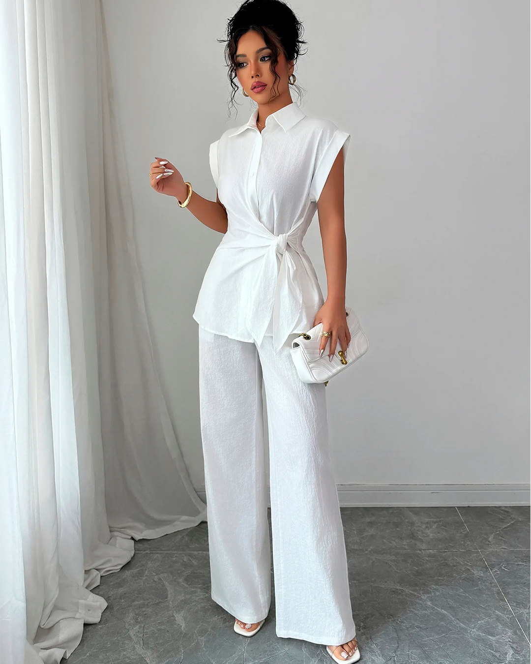 Ensemble Chemise Nœud Pantalon Large Sans Manches