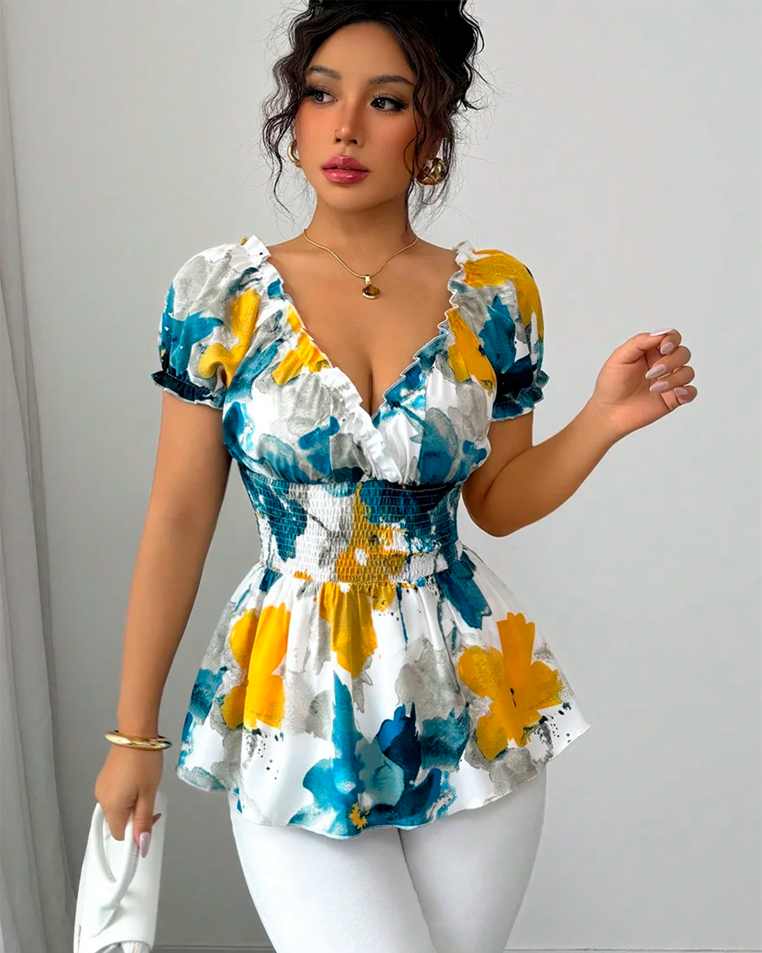 Blouse Col V Volants Taille Smockée Imprimée