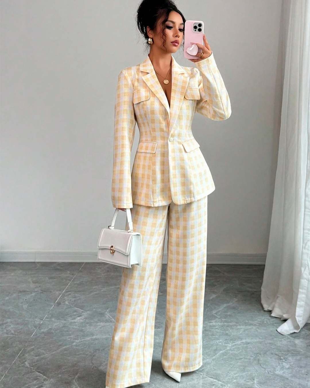 Tailleur Vichy Blazer Cintré Pantalon Large