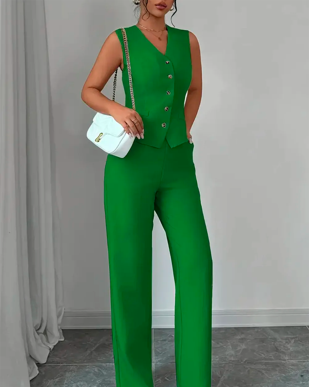 Ensemble Gilet Col V Boutonné + Pantalon Large