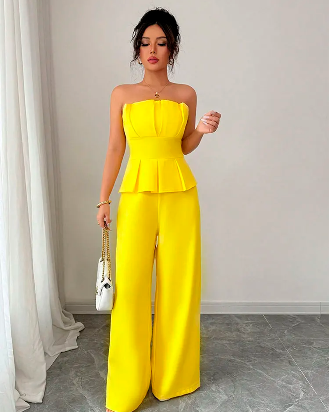 Ensemble Bustier Plissé Peplum + Pantalon Large