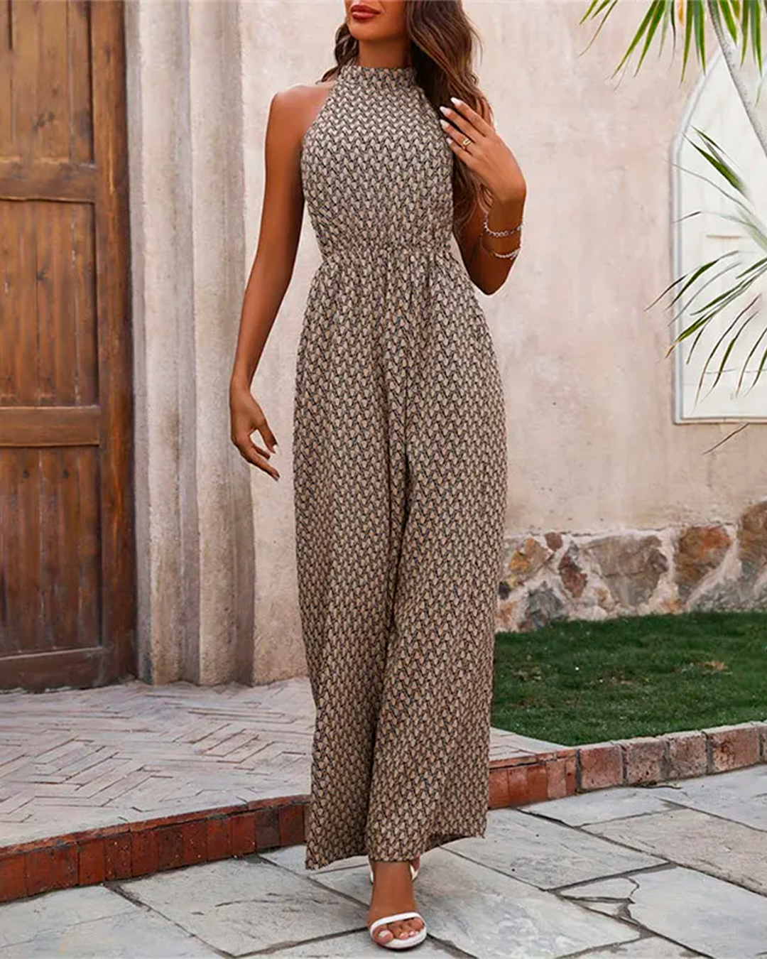 Combinaison Col Halter Taille Haute Imprimé Géométrique