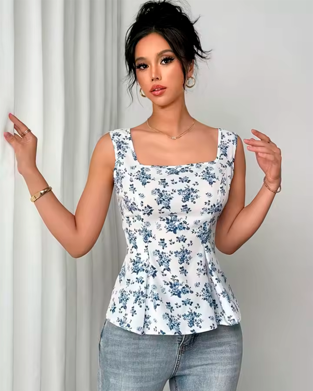 Blouse Col Carré Peplum Imprimé Floral