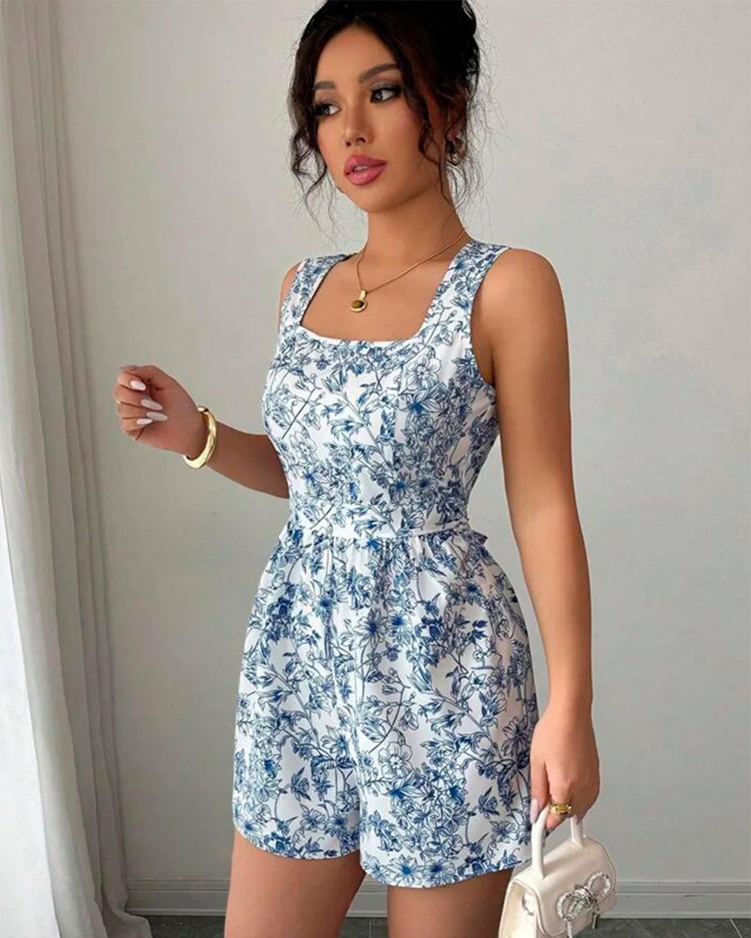 Combishort Imprimé Fleuri Encolure Carrée Cintré