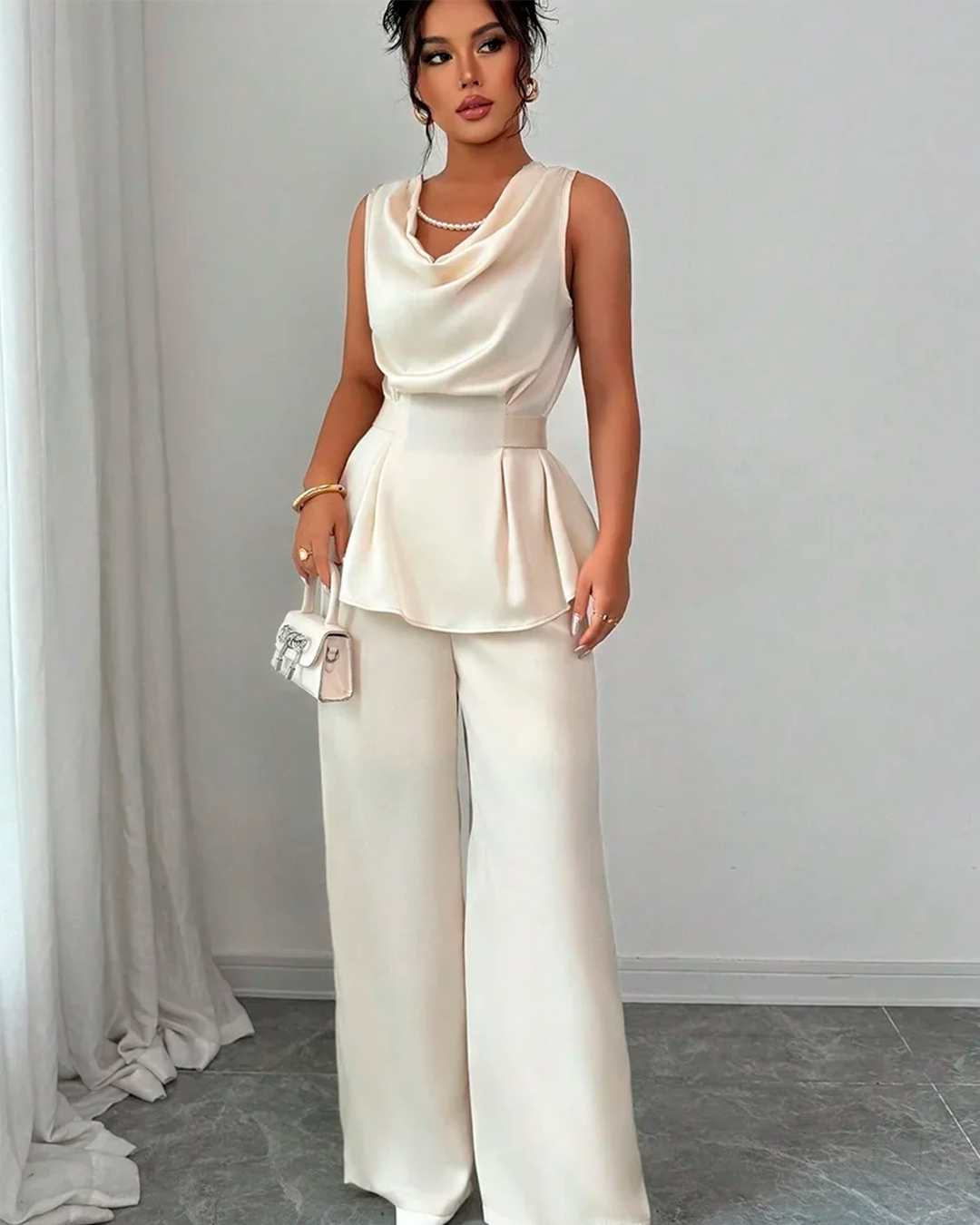 Ensemble Top Col Bénitier Peplum + Pantalon Large