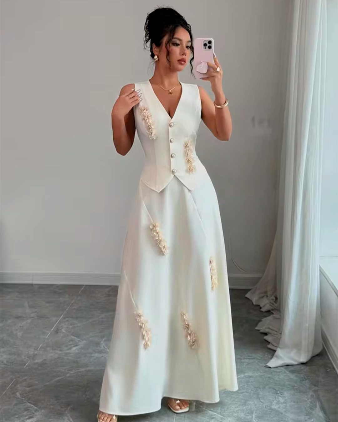 Ensemble Gilet Boutonné + Jupe Longue Appliquée