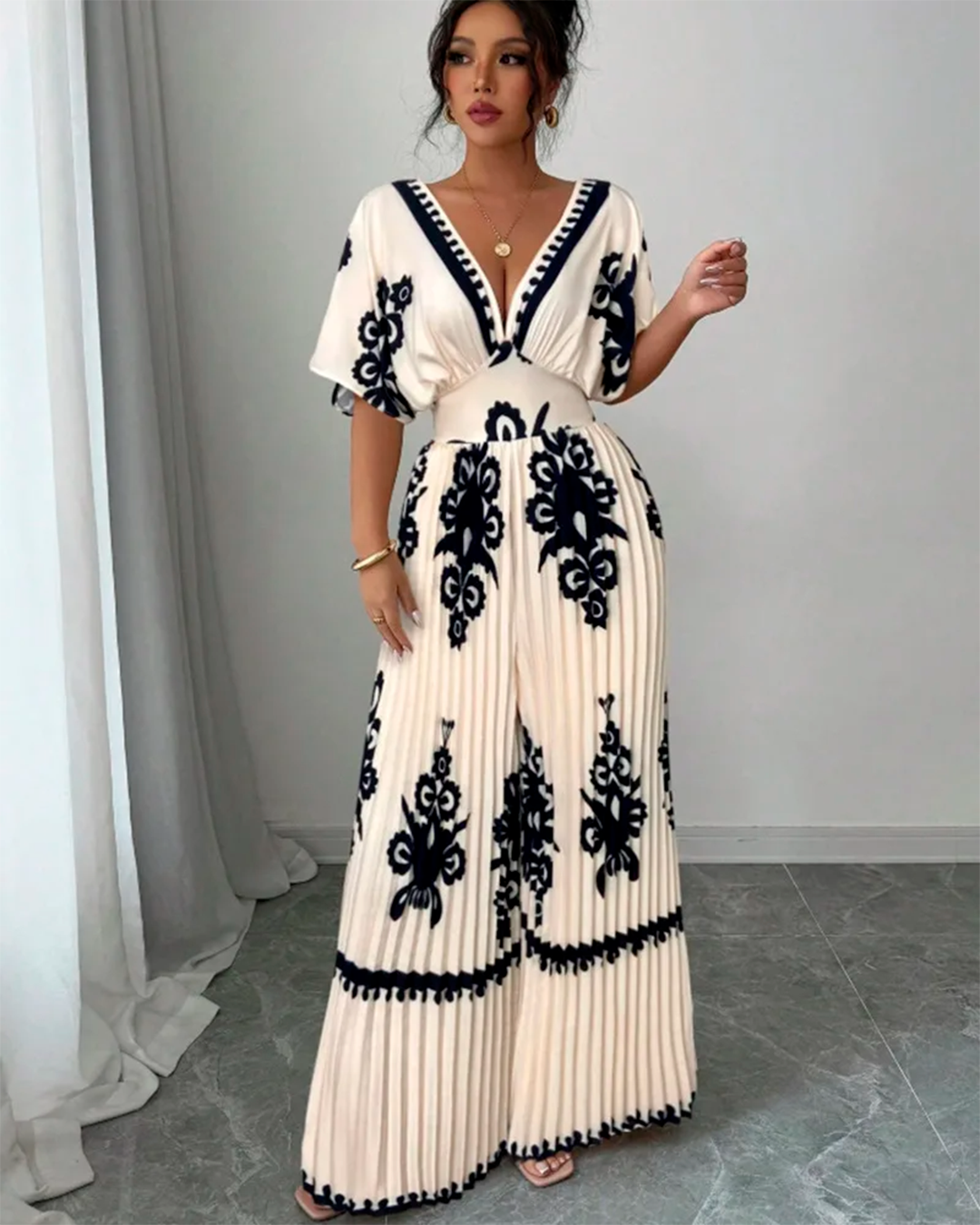 Combinaison Col V Plissé Taille Ceinturée Motifs Apricot