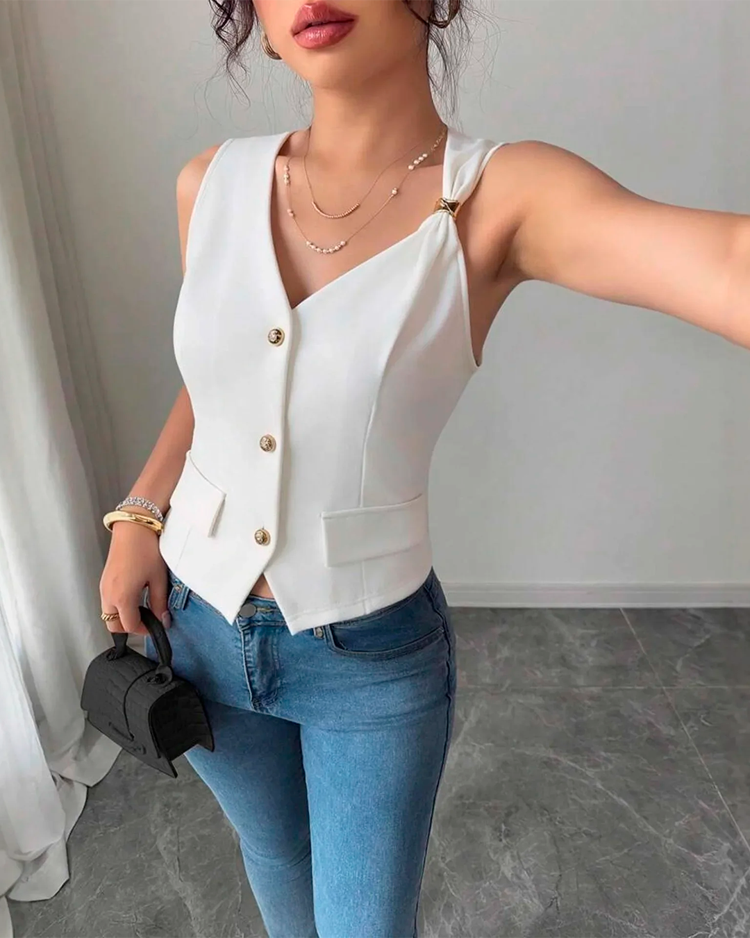 Blouse Gilet Col V Boutonnée Pince Cintrée
