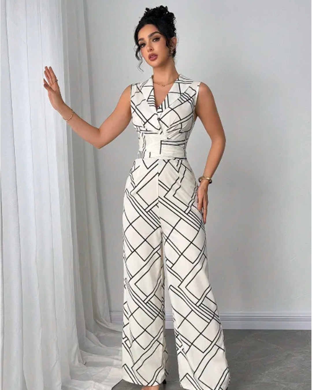 Combinaison Tailleur Imprimée Géométrique Ceinturée V