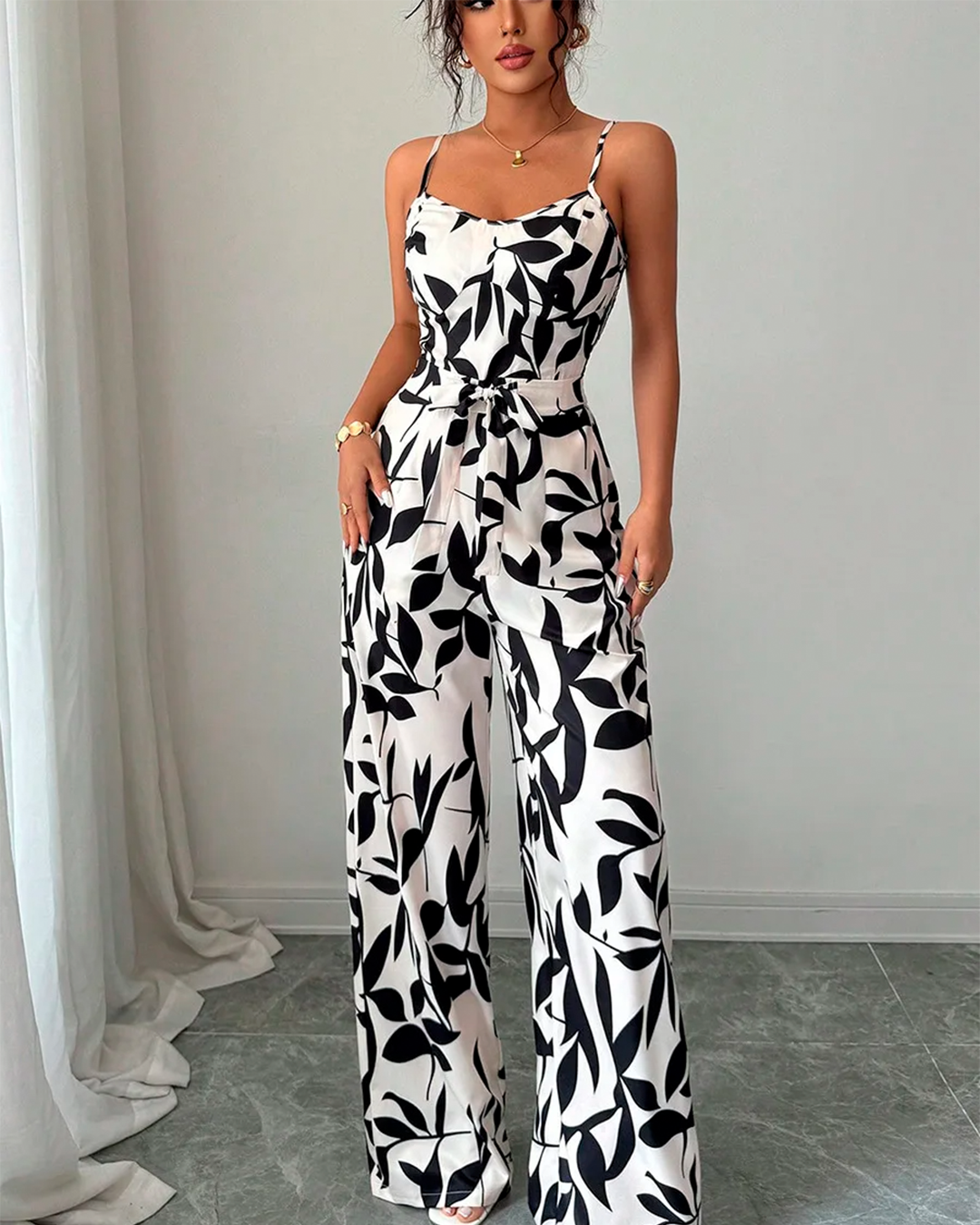 Combinaison Imprimée Feuillage Bretelles Ceinturée