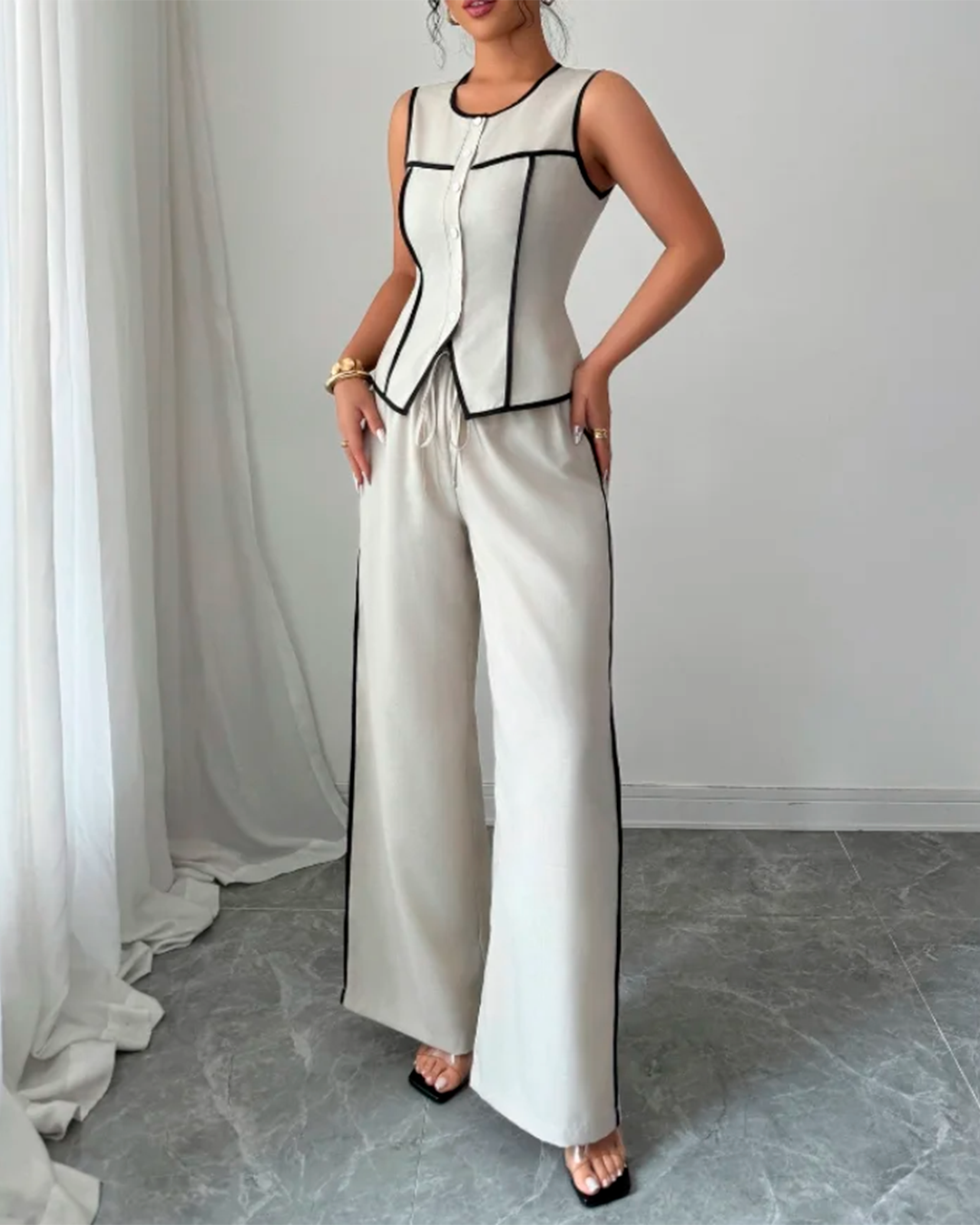 Ensemble Top Boutonné Structuré + Pantalon Large