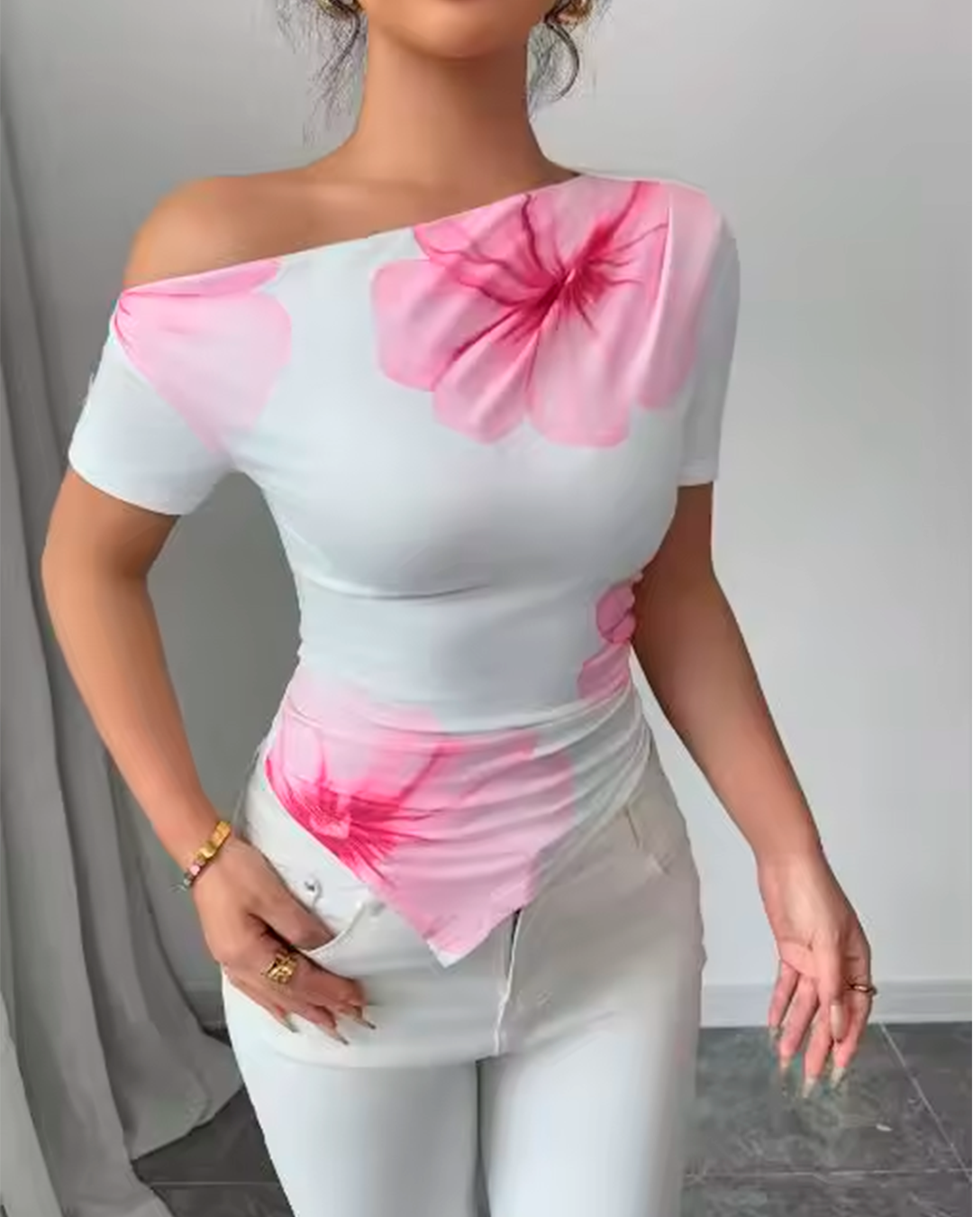 Blouse Épaule Dénudée Imprimé Floral Froncée