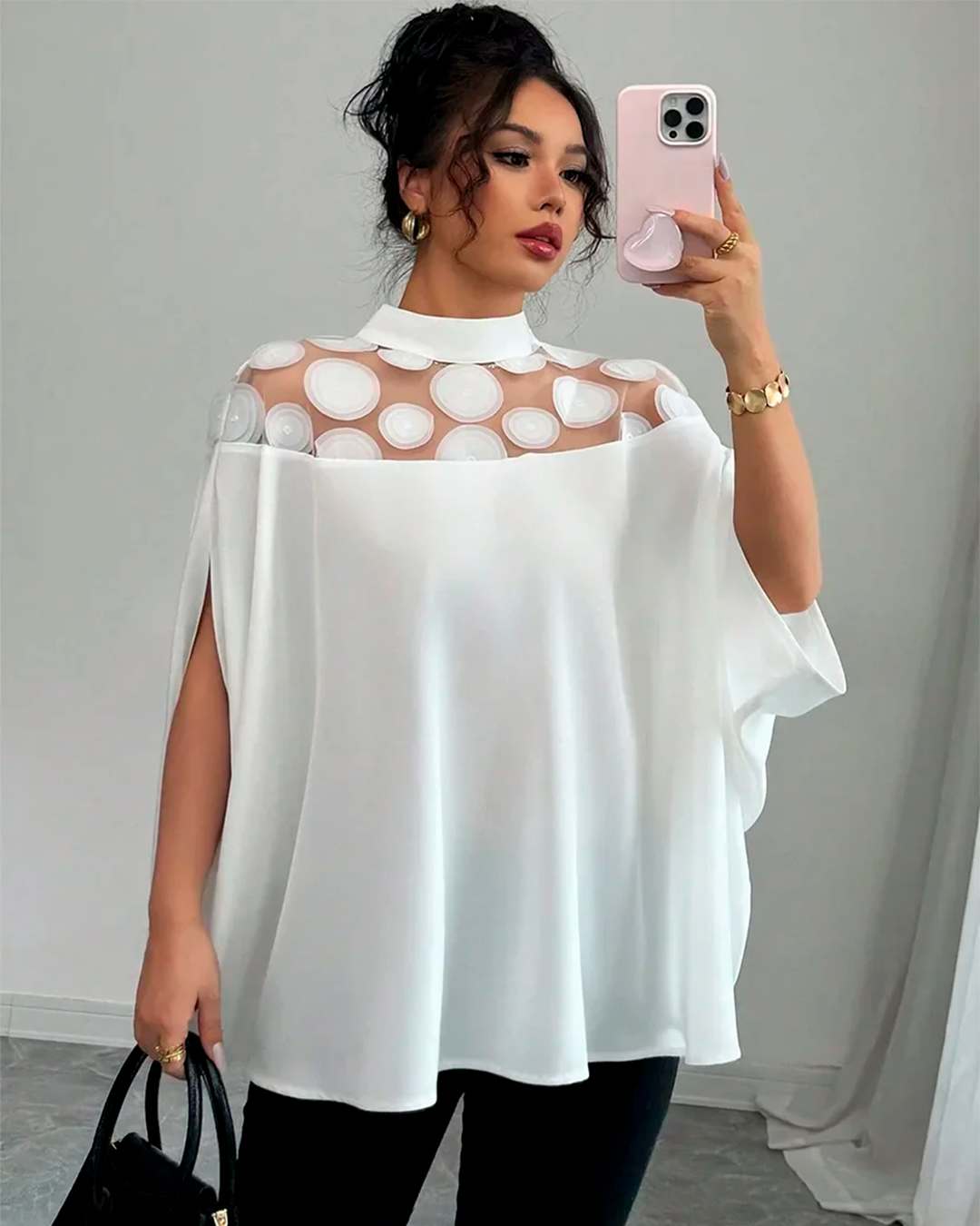 Blouse Col Montant Pois Transparents Manches Cape