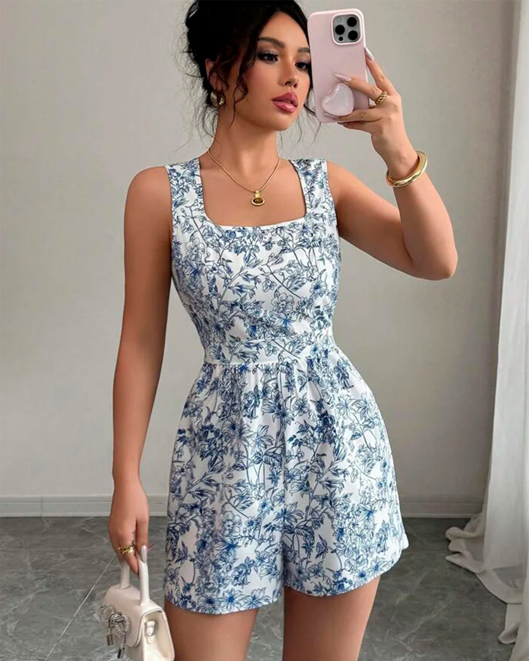 Combishort Imprimé Fleuri Encolure Carrée Cintré