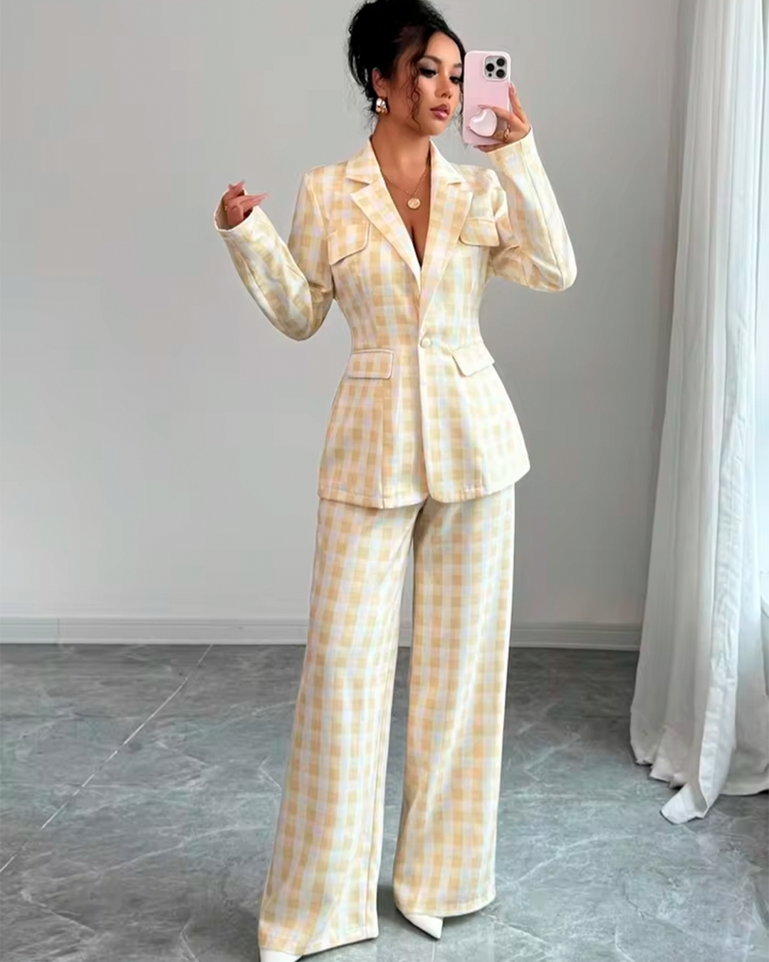 Tailleur Vichy Blazer Cintré Pantalon Large