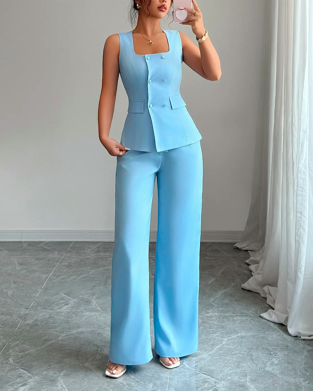 Ensemble Top Carré Boutonné Cintré + Pantalon Large