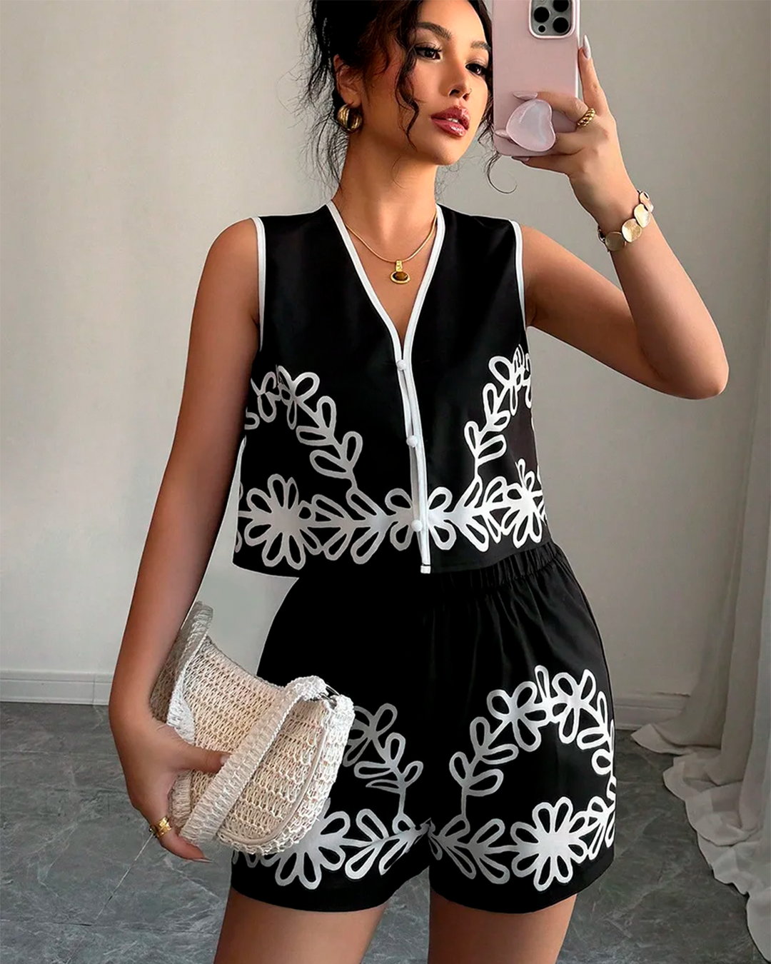 Ensemble Broderie Fleurie Top Zippé Short