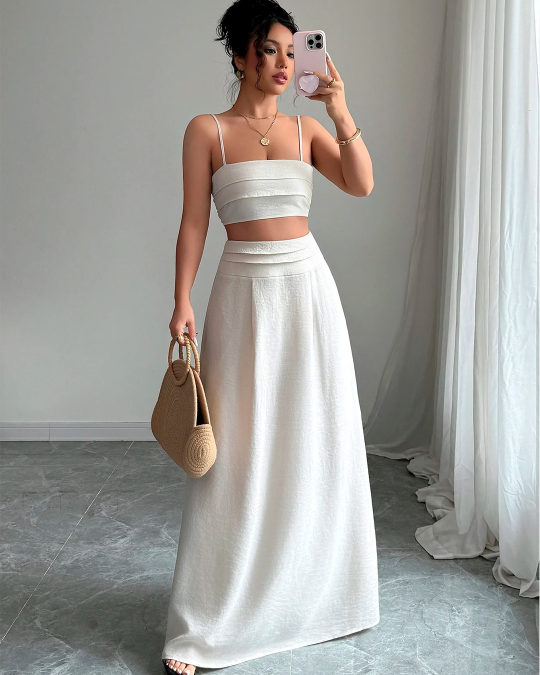 Ensemble Top Court Bretelles Fines Jupe Longue