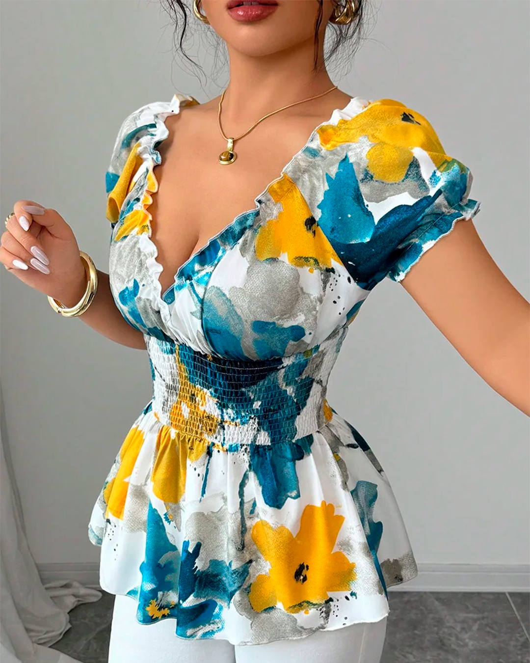 Blouse Col V Volants Taille Smockée Imprimée