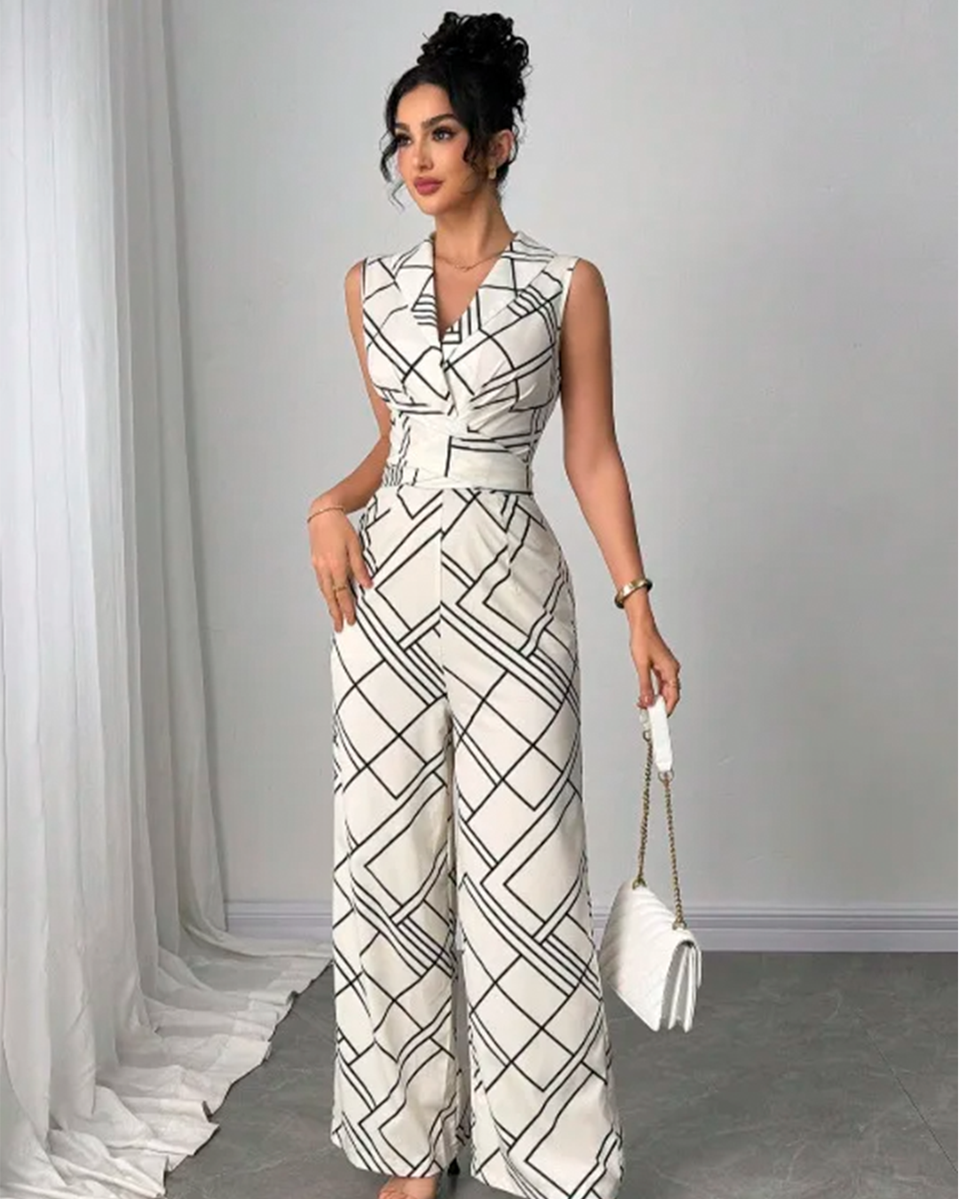 Combinaison Tailleur Imprimée Géométrique Ceinturée V
