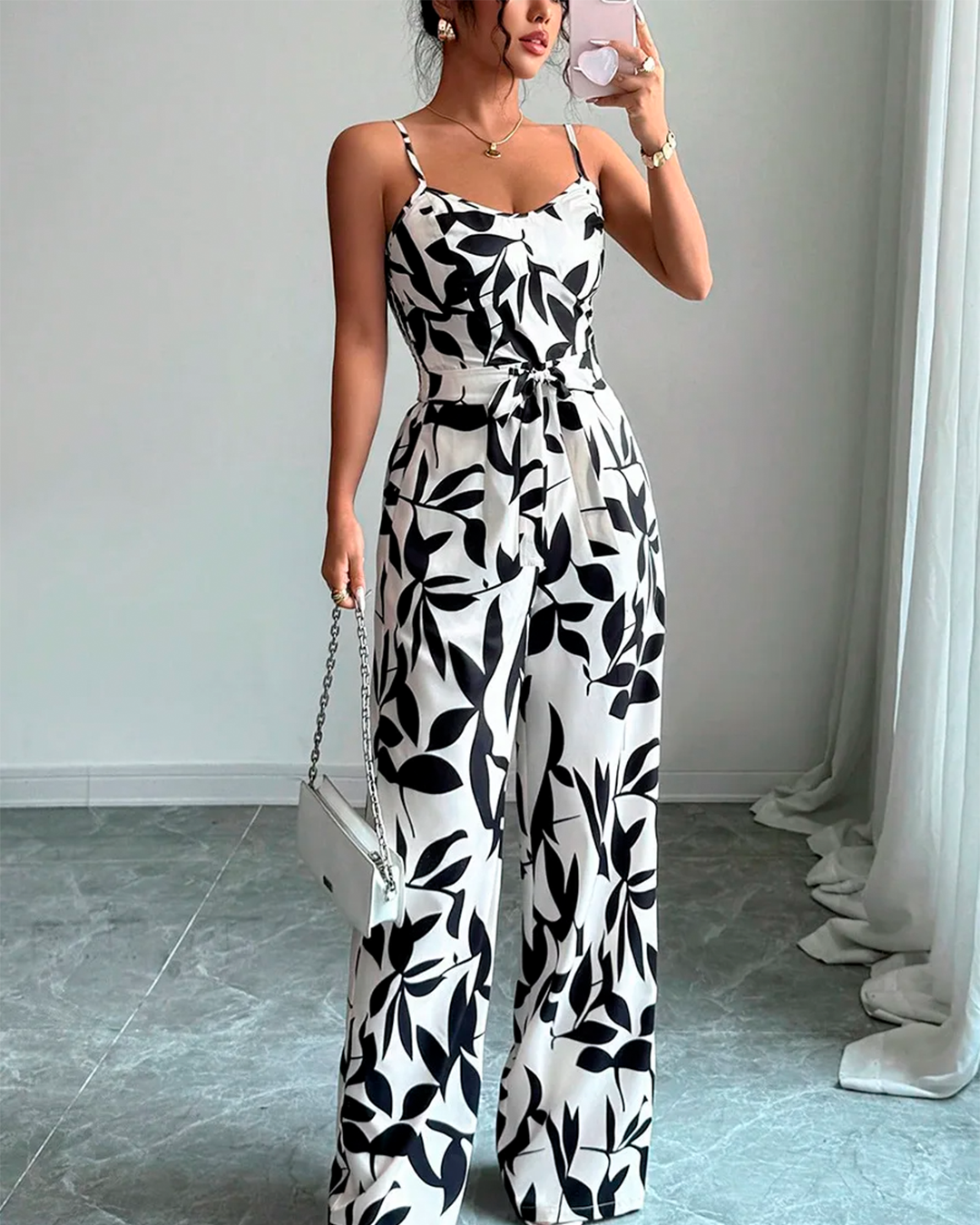 Combinaison Imprimée Feuillage Bretelles Ceinturée