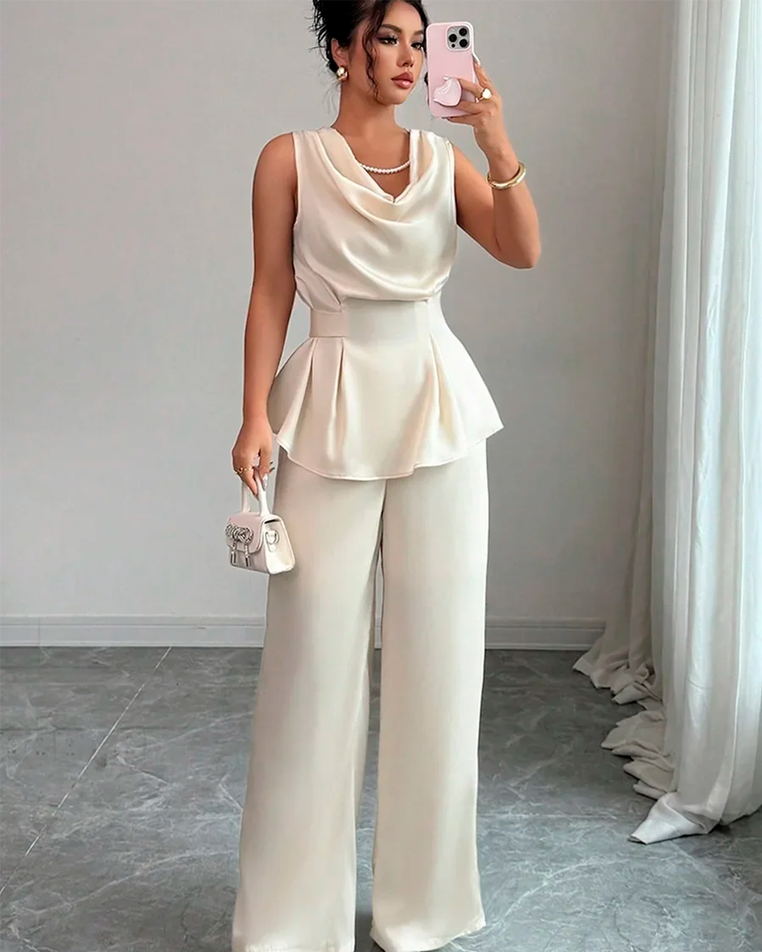 Ensemble Top Col Bénitier Peplum + Pantalon Large