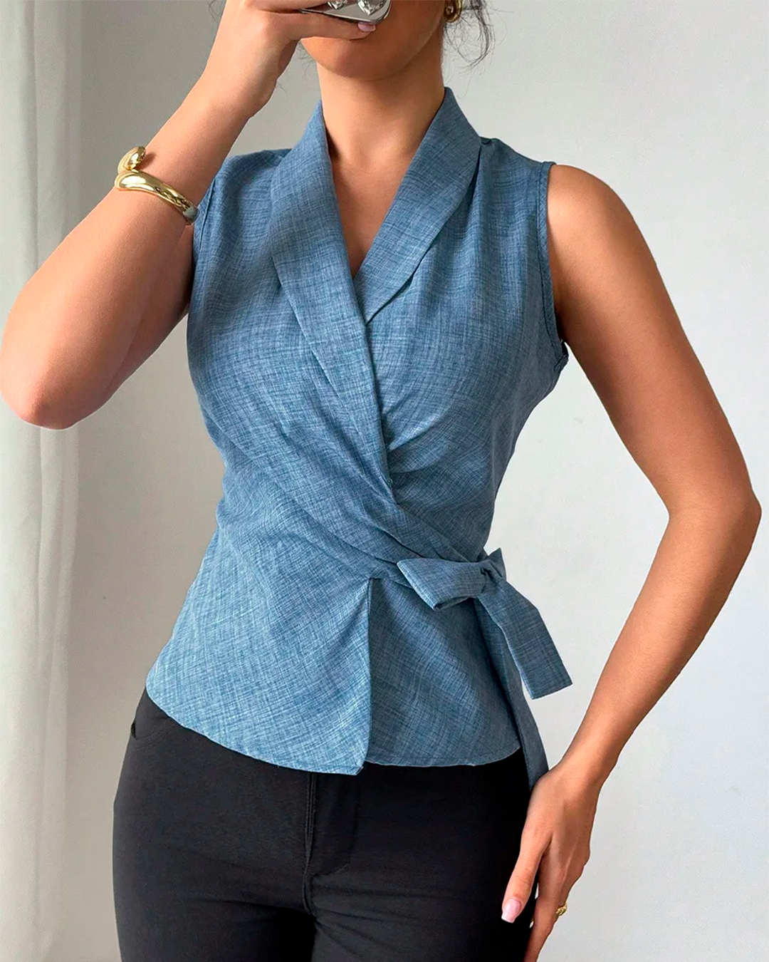 Blouse Cache Cœur Sans Manches Nœud Taille