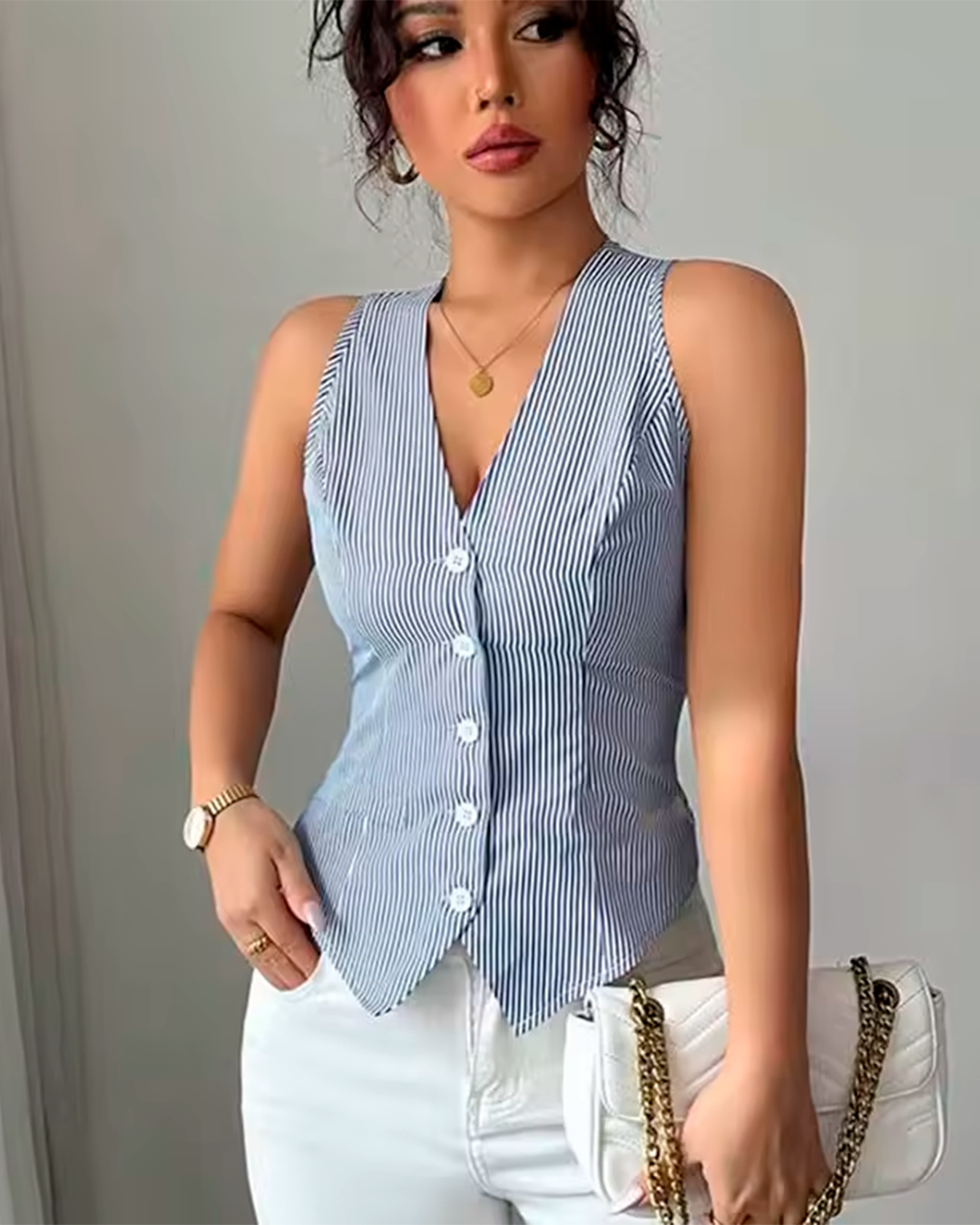 Blouse Sans Manches Rayée Col V Boutonnée