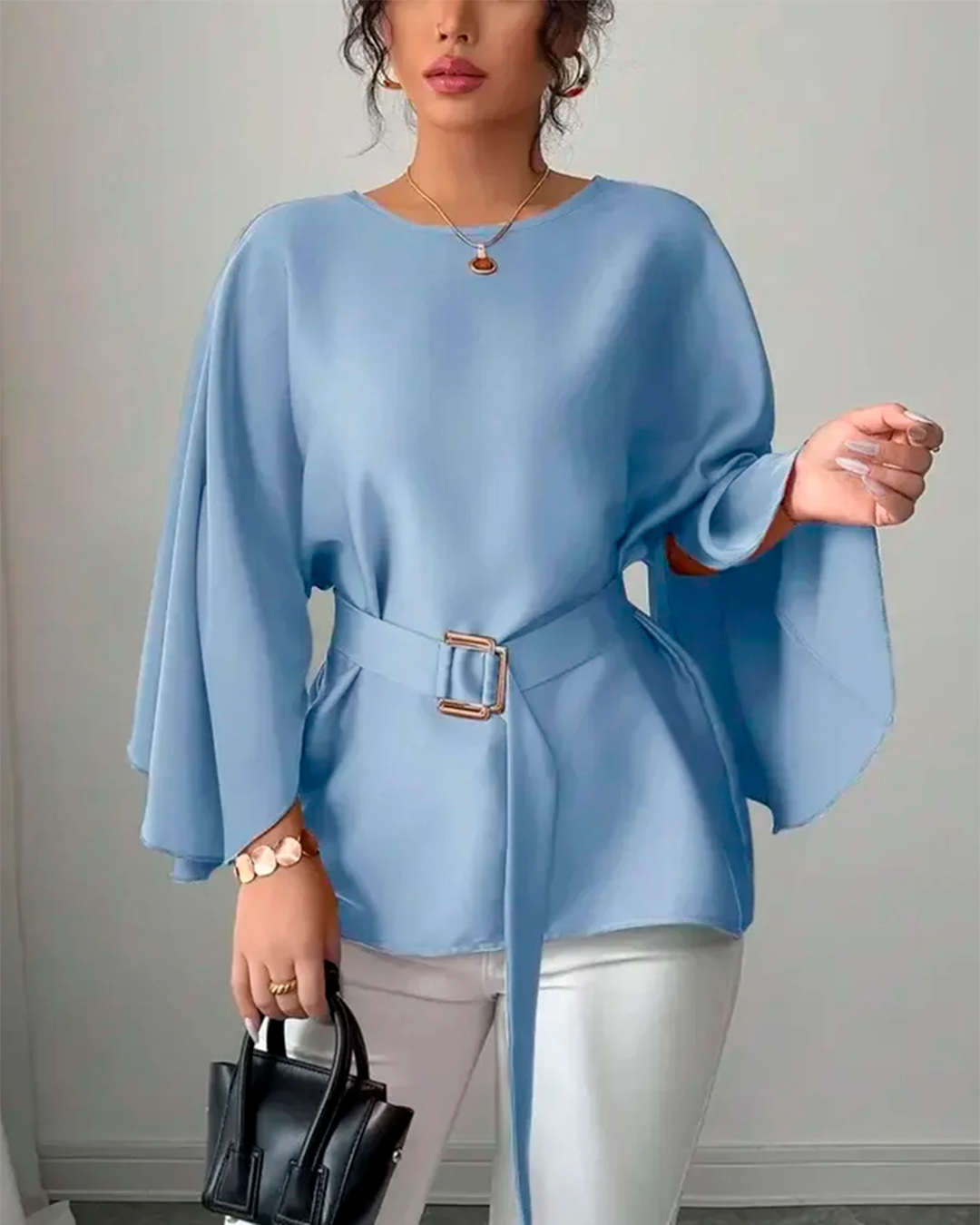Blouse Manches Chauve-Souris Ceinturée Élégante