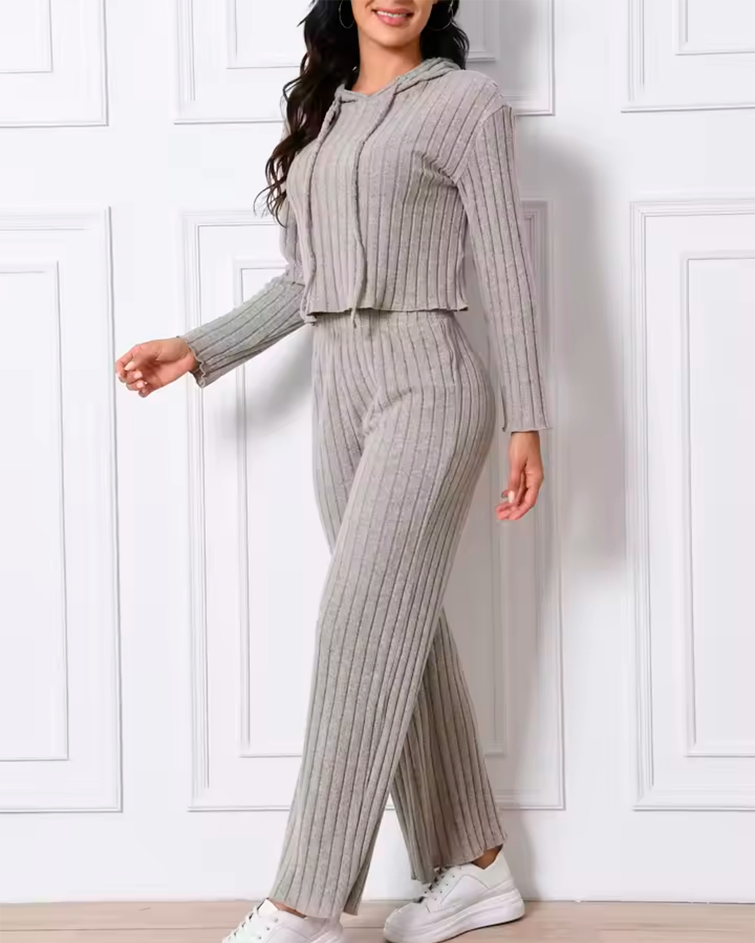 Ensemble Maille Côtelée Hoodie + Pantalon Droit