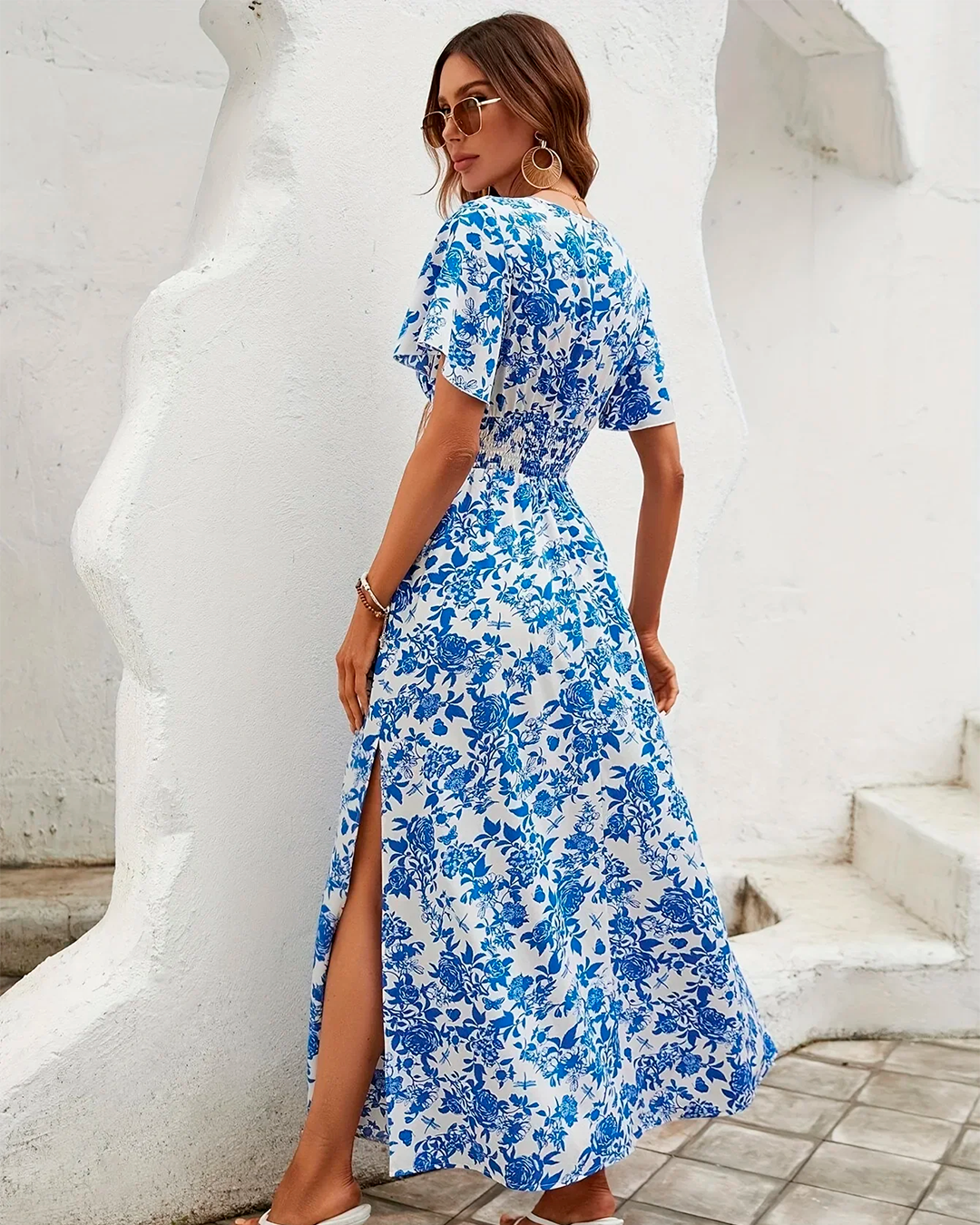 Printed Long Blue Dress V Neck Side Slit
