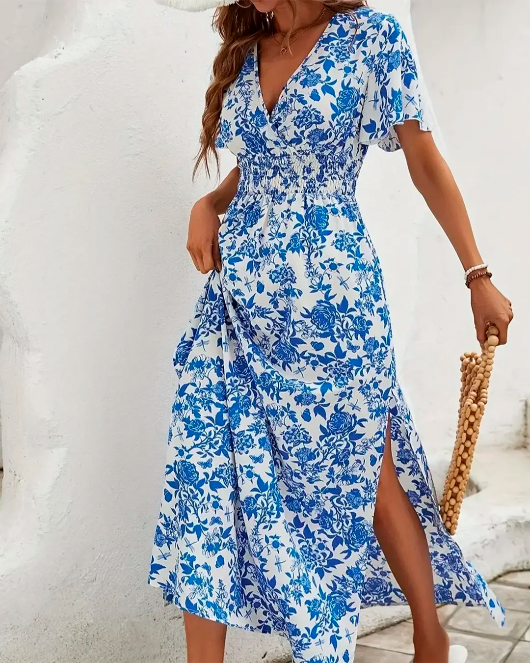 Printed Long Blue Dress V Neck Side Slit