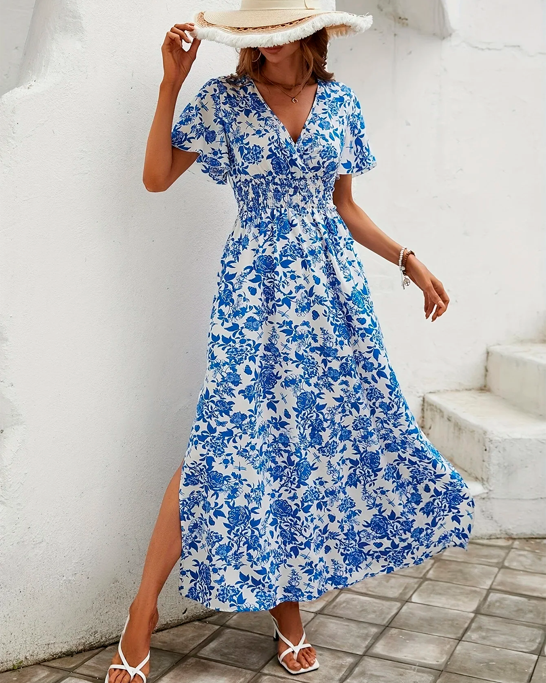 Printed Long Blue Dress V Neck Side Slit