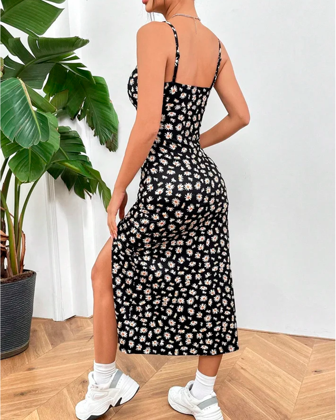 Black Dress - Printed Thin Strap Midi Dress with Side Slit