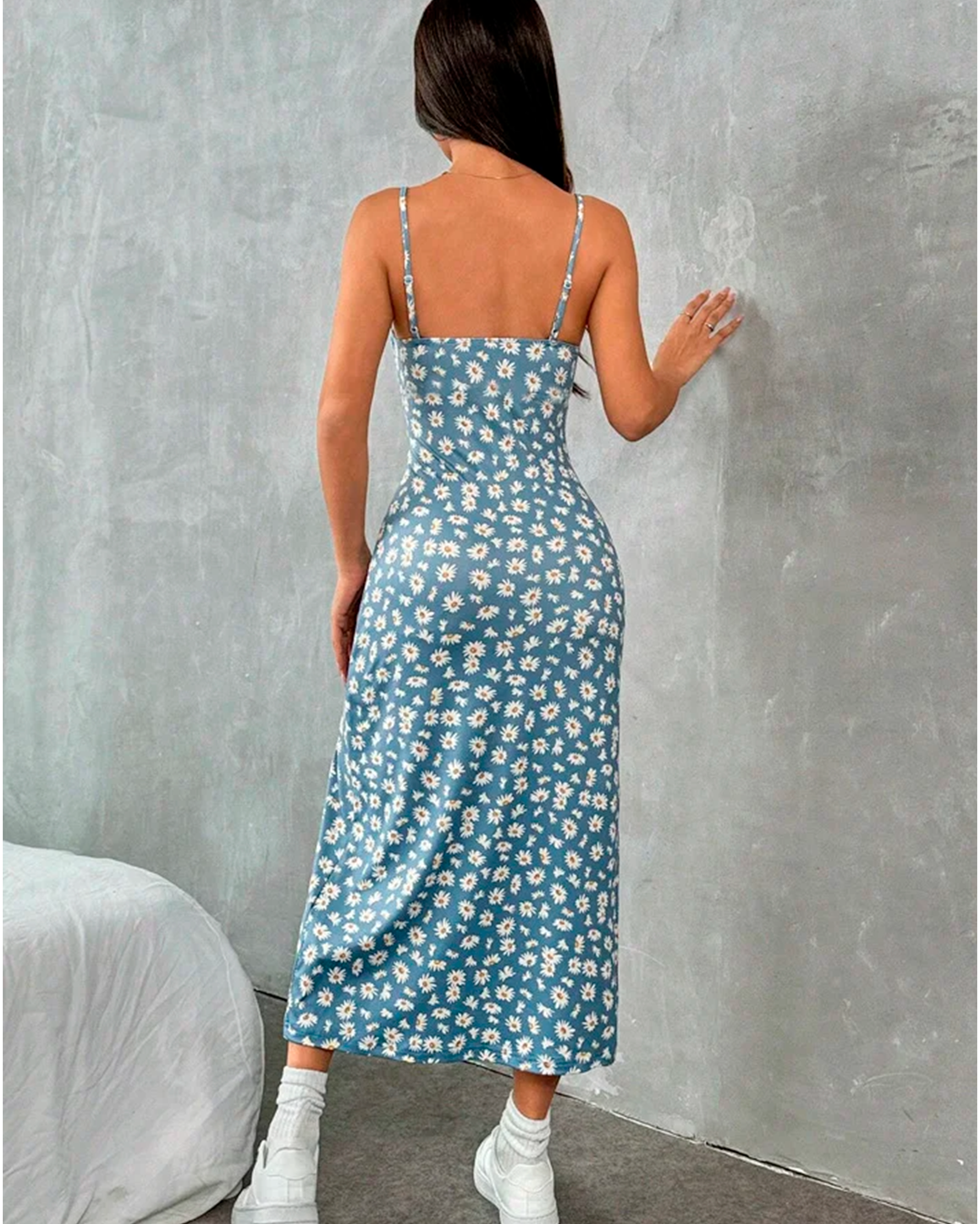 Black Dress - Printed Thin Strap Midi Dress with Side Slit