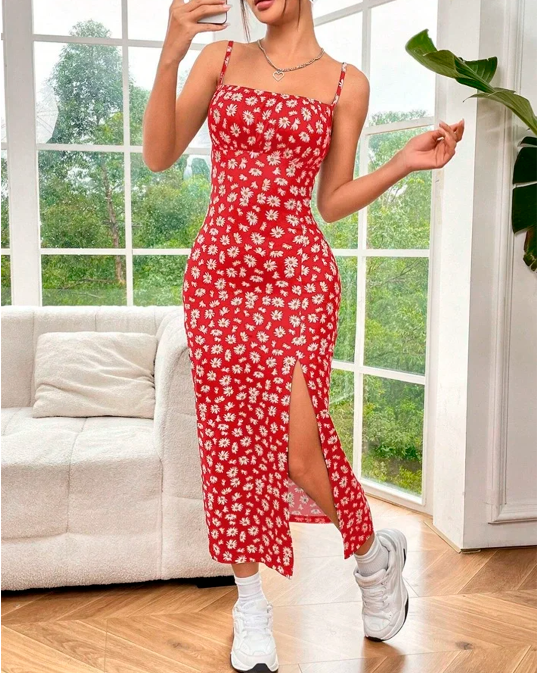 Black Dress - Printed Thin Strap Midi Dress with Side Slit