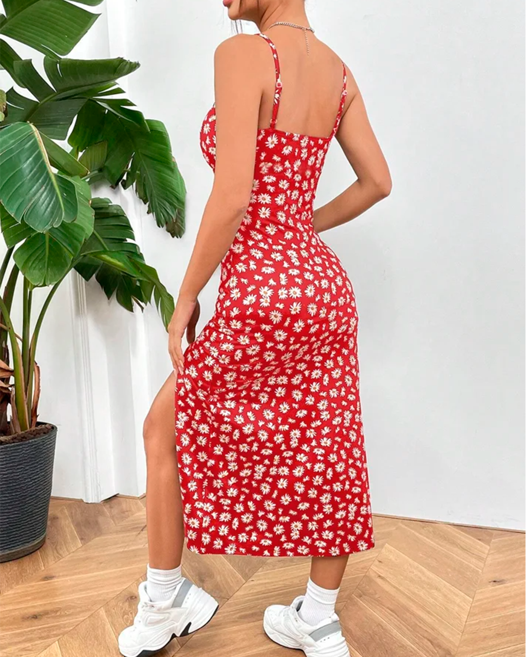 Black Dress - Printed Thin Strap Midi Dress with Side Slit